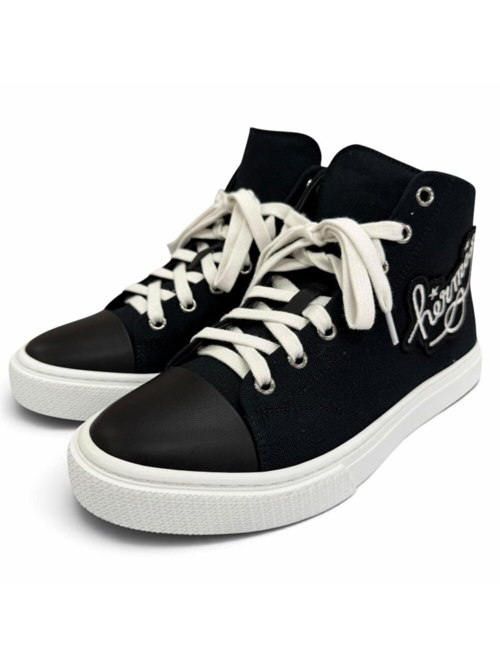 Hermes Iriko Canvas Leather Logo Patch Lace-up High Top Sneakers Black IT